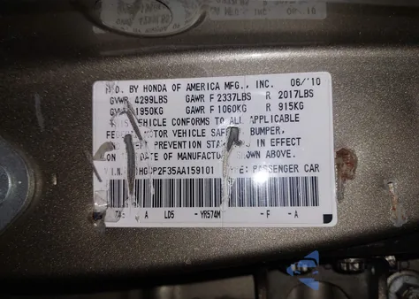 2010 Honda Accord 2.4 Lx из США, поврежденный, VIN 1HGCP2F35AA159101